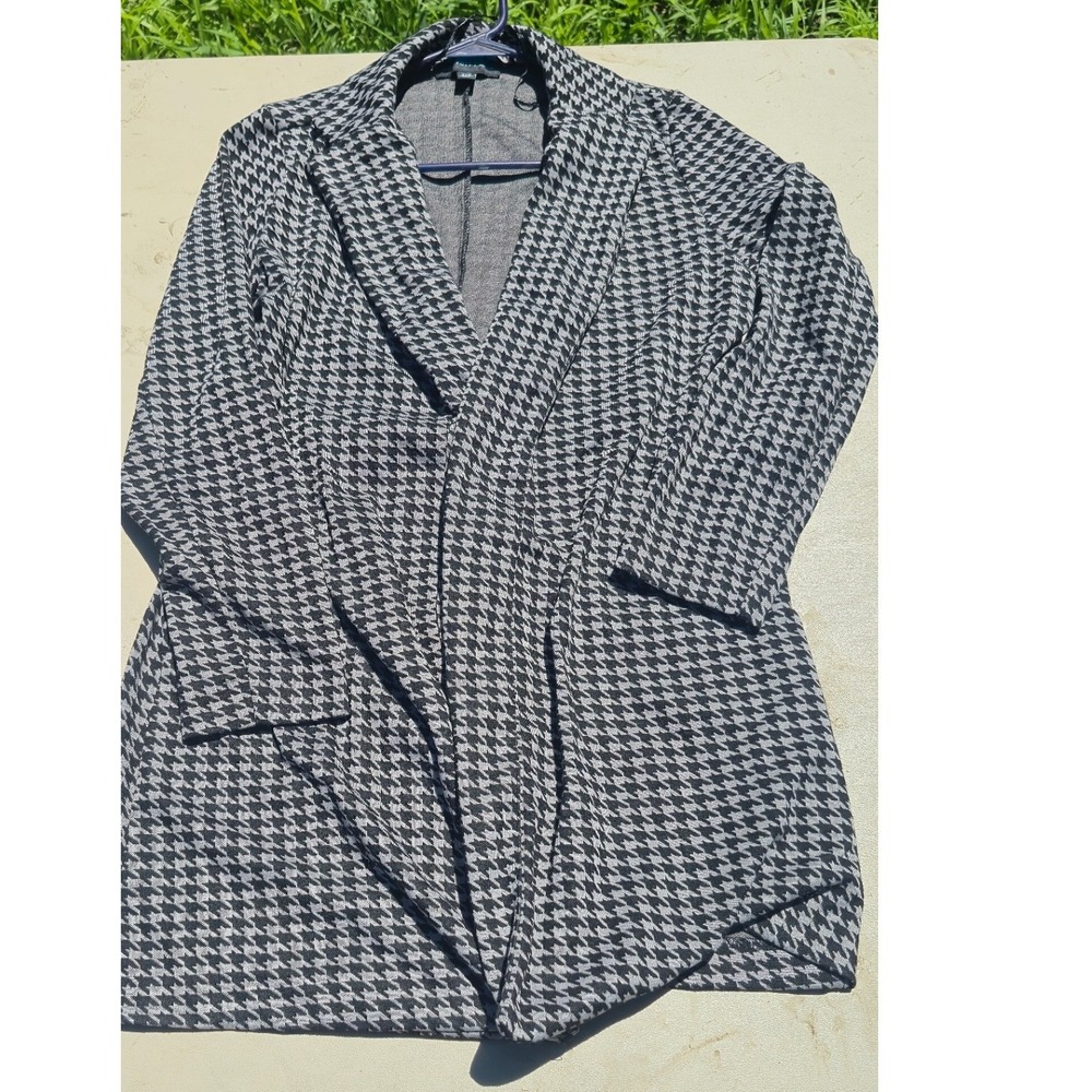 Joan Vass New York Houndstooth Open Front Cardigan Blazer Black White Small